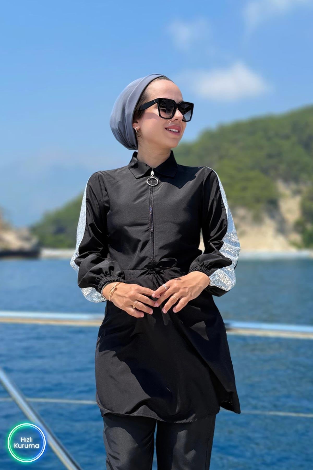Sequin Detail Full Coverage Burkini - 2 Piece Luxury Modest Swimsuit