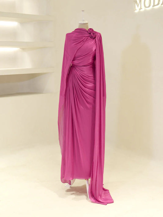 Orchid Fabric Flare Modest Evening Dress - Fuschia