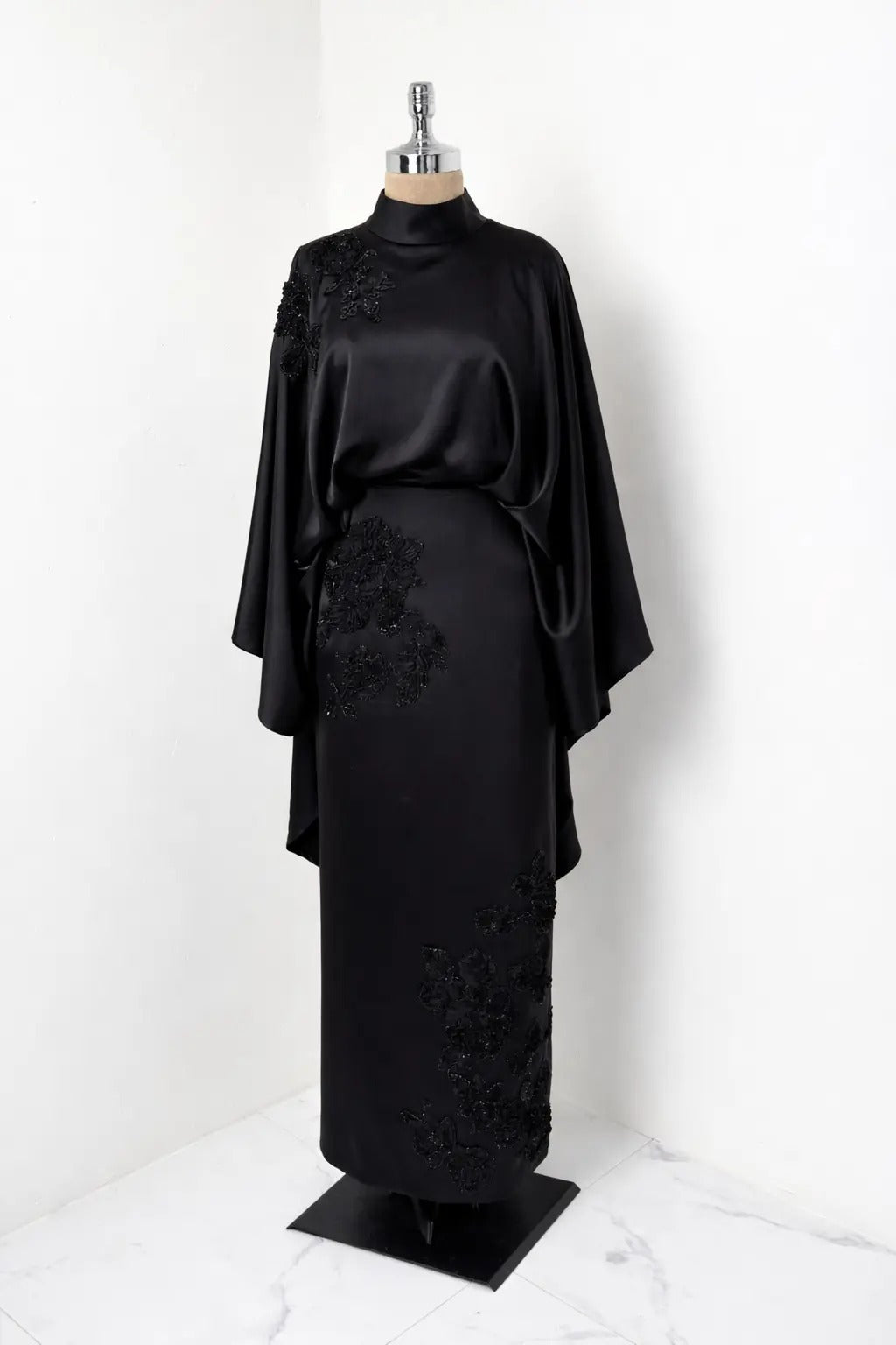 Soraya Stone-Embellished Modest Satin Cape Pencil Dress - Evening Dress - Black