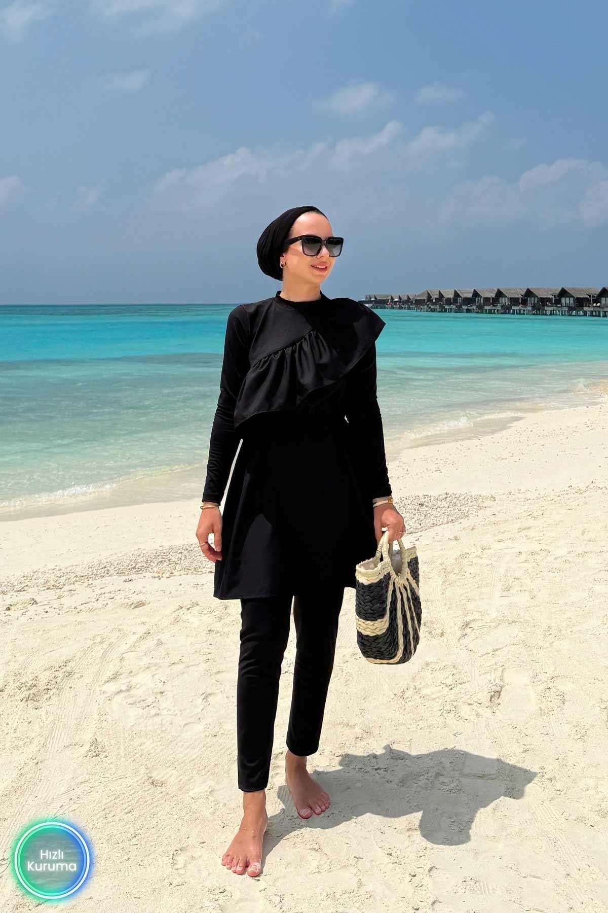 Ruffle Detail Full Coverage Burkini - 2 Piece Modest Swimsuit in Black