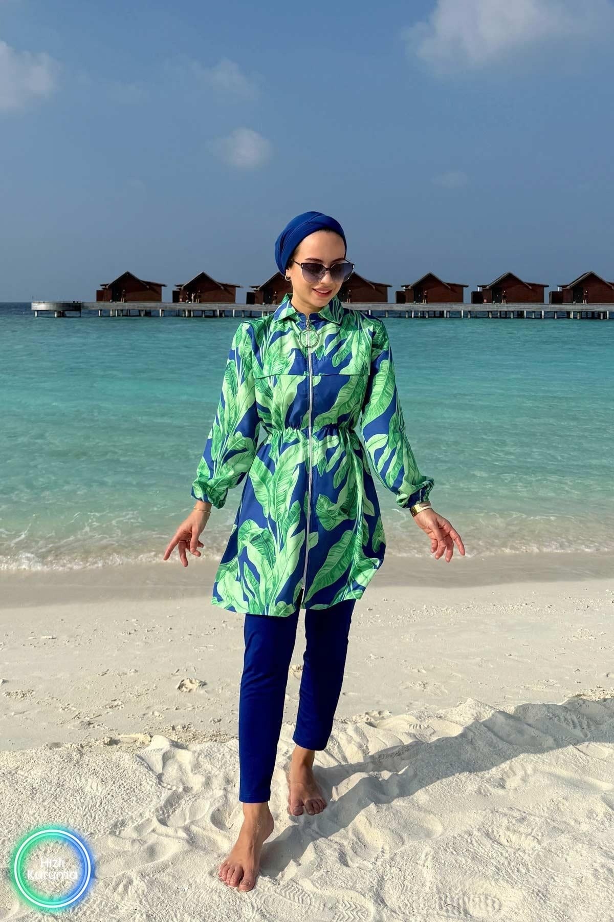 Palm Tropical Full Coverage Burkini - 2 Piece Quick-Dry Modest Swimsuit