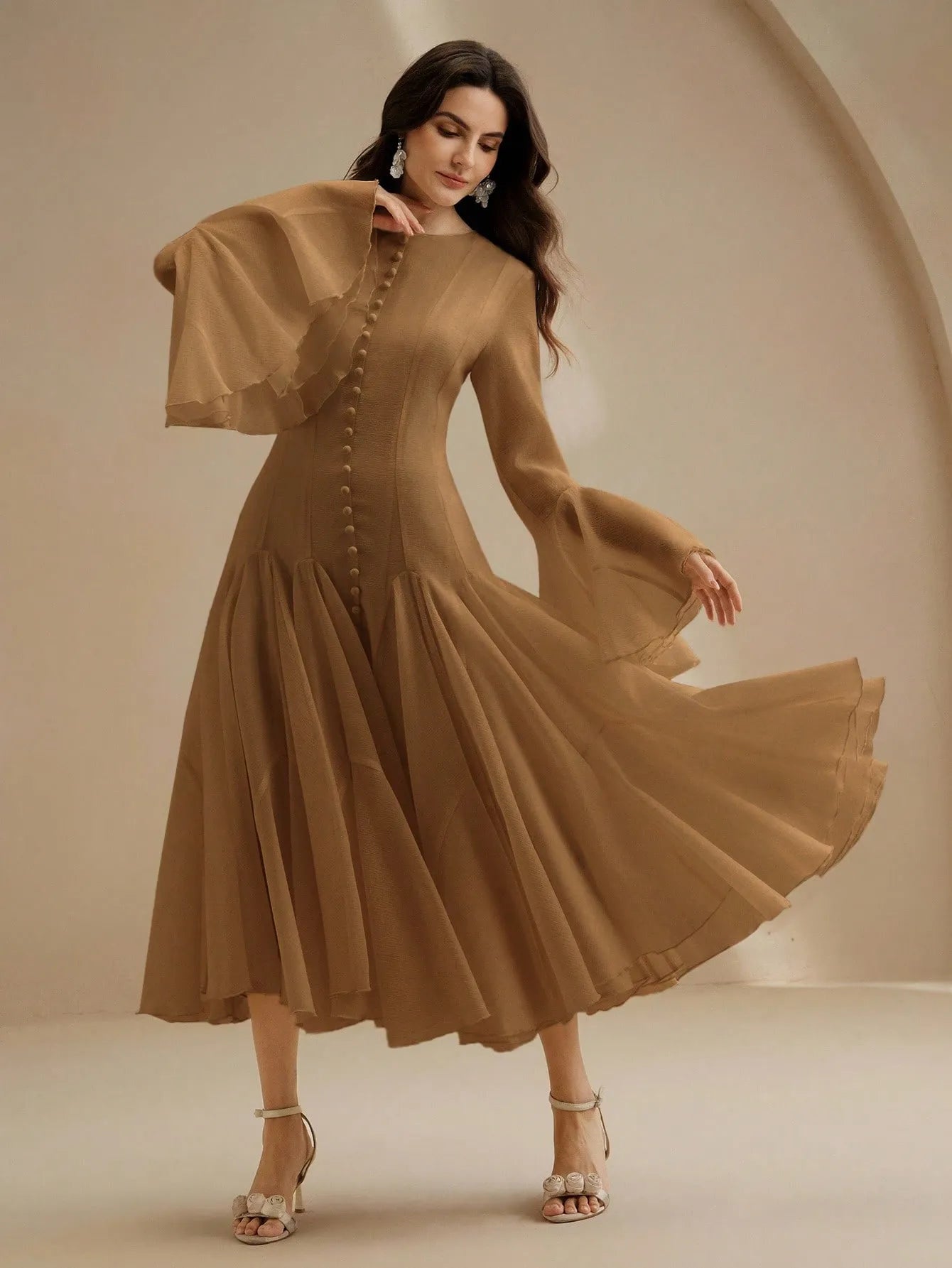 Mocha Long‑Sleeve Flared Midi Dress with Button Flare Sleeves