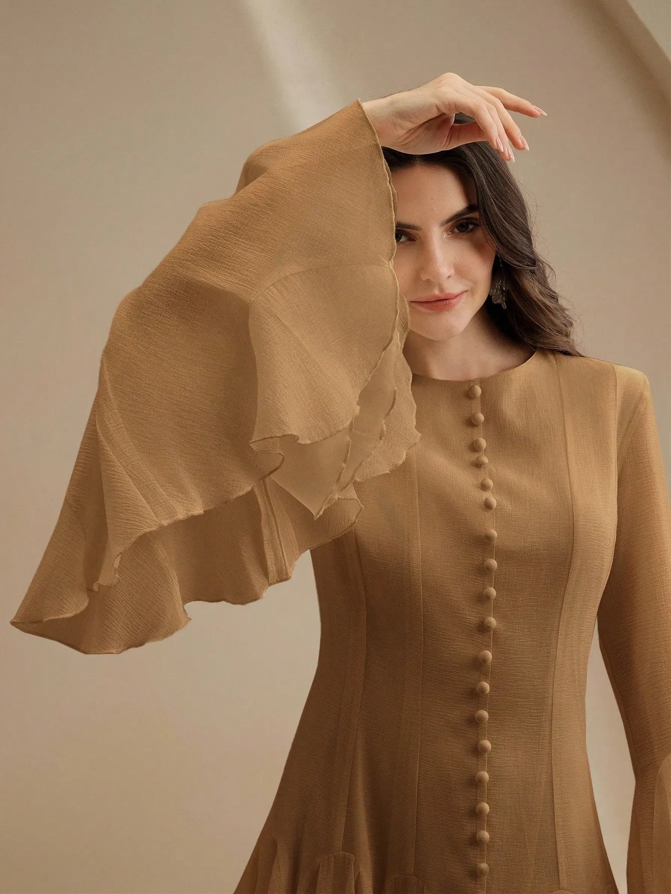 Mocha Long‑Sleeve Flared Midi Dress with Button Flare Sleeves