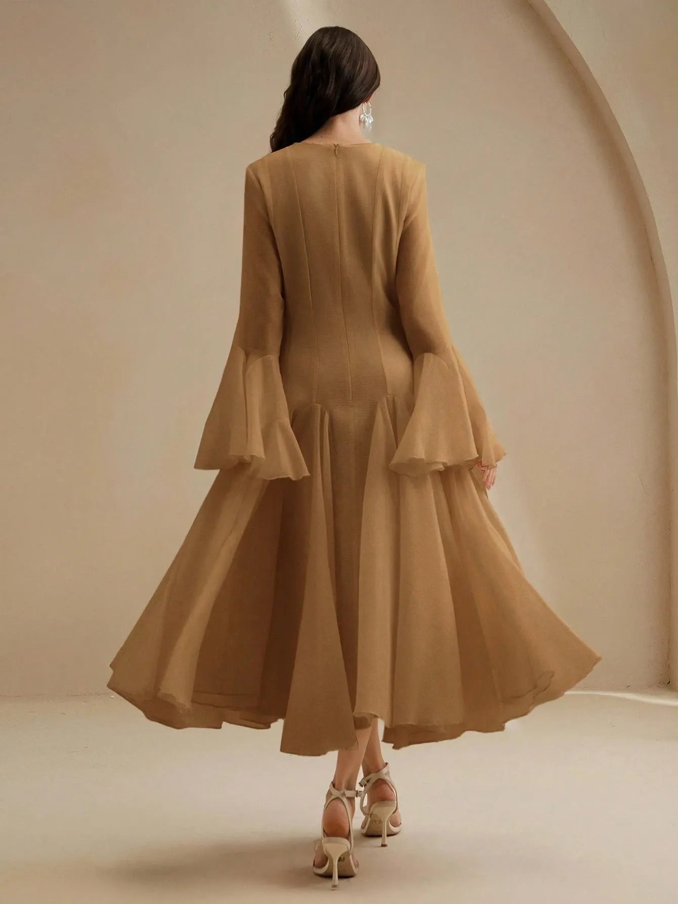 Mocha Long‑Sleeve Flared Midi Dress with Button Flare Sleeves