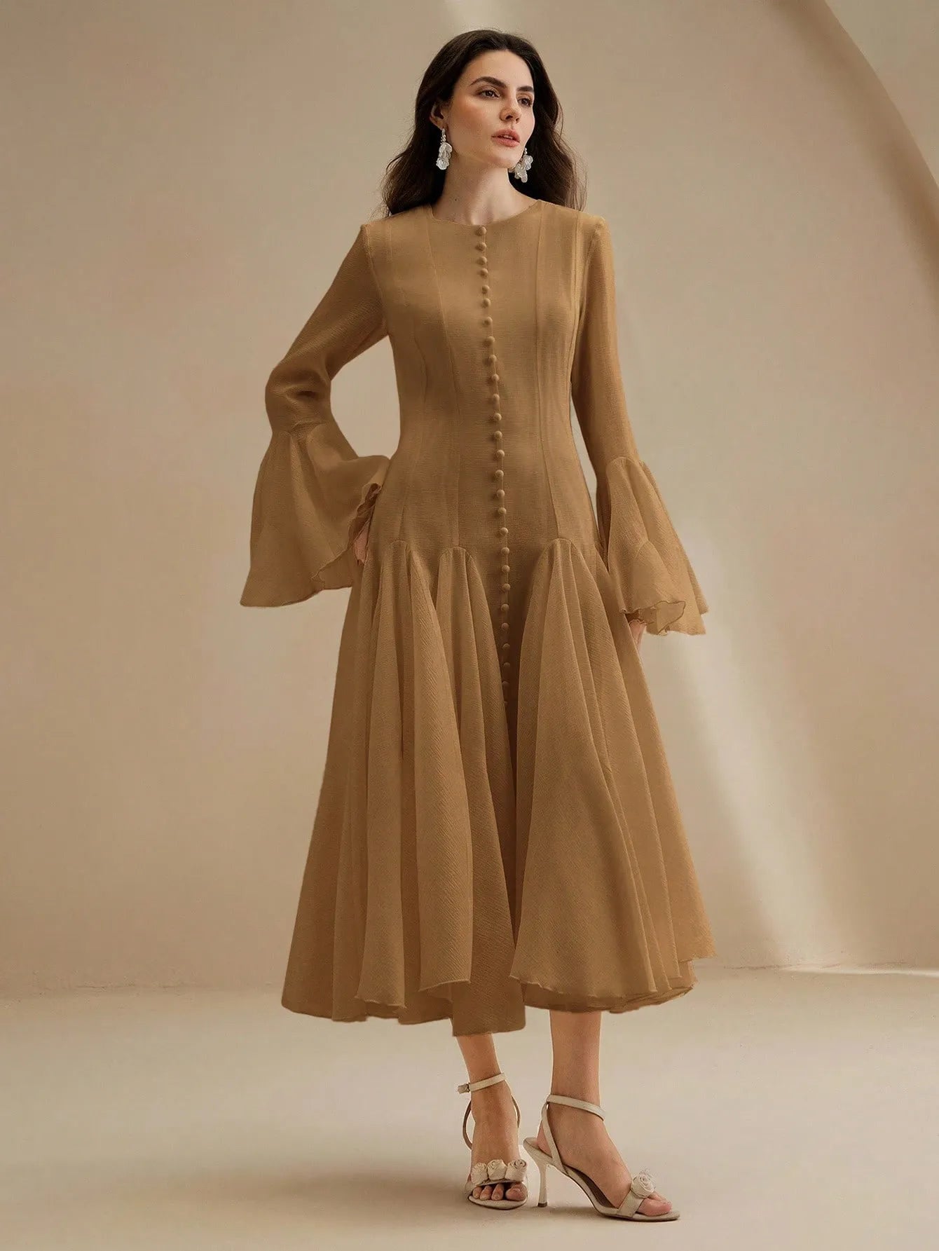 Mocha Long‑Sleeve Flared Midi Dress with Button Flare Sleeves