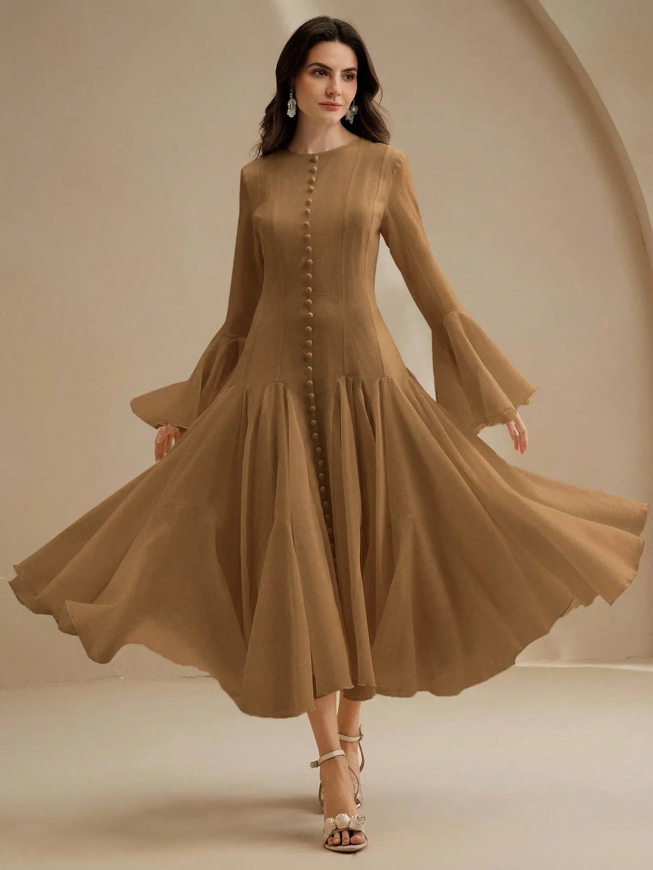 Mocha Long‑Sleeve Flared Midi Dress with Button Flare Sleeves