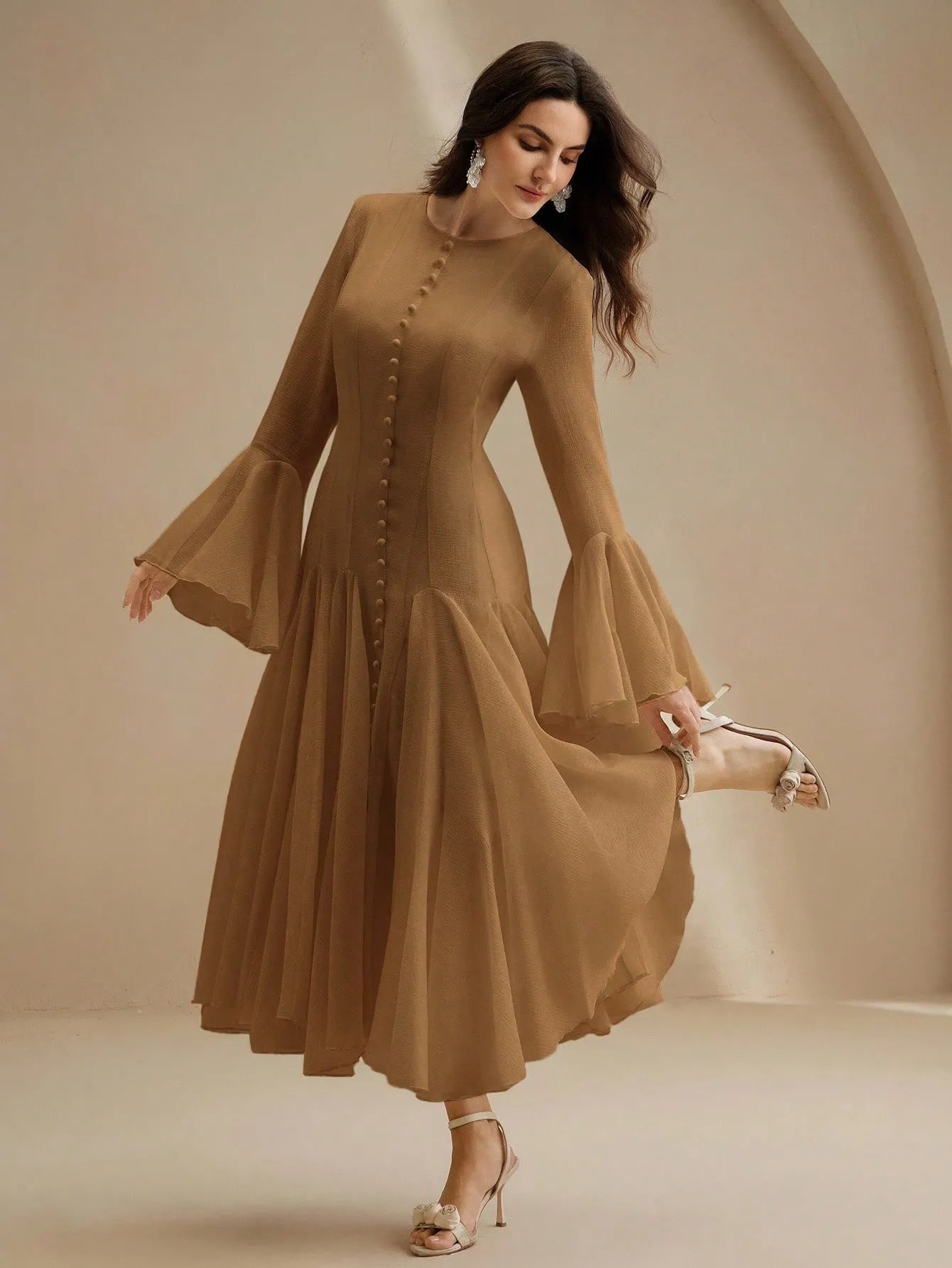 Mocha Long‑Sleeve Flared Midi Dress with Button Flare Sleeves