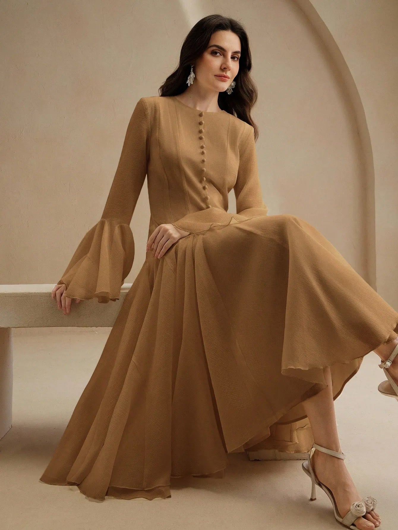 Mocha Long‑Sleeve Flared Midi Dress with Button Flare Sleeves