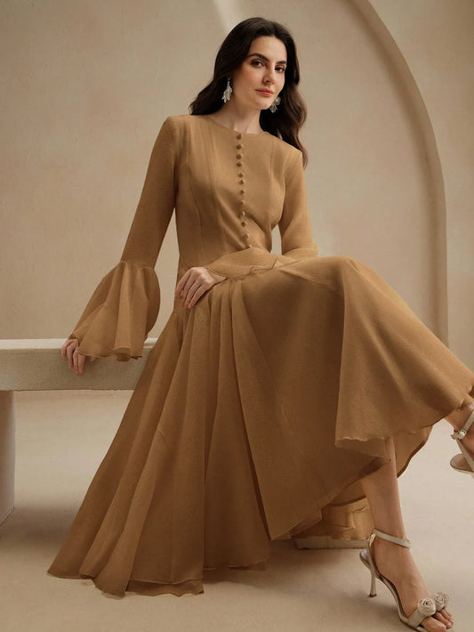 Mocha Long‑Sleeve Flared Midi Dress with Button Flare Sleeves