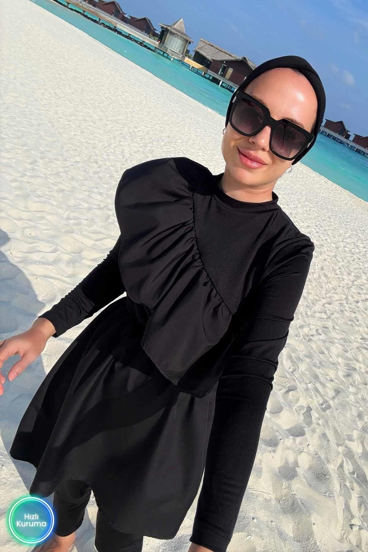 Ruffle Detail Full Coverage Burkini - 2 Piece Modest Swimsuit in Black