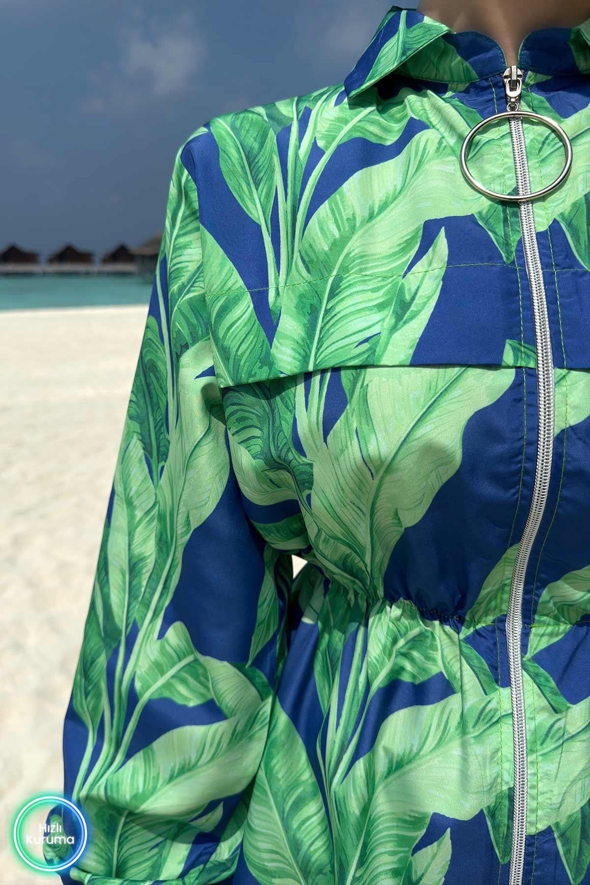 Palm Tropical Full Coverage Burkini - 2 Piece Quick-Dry Modest Swimsuit