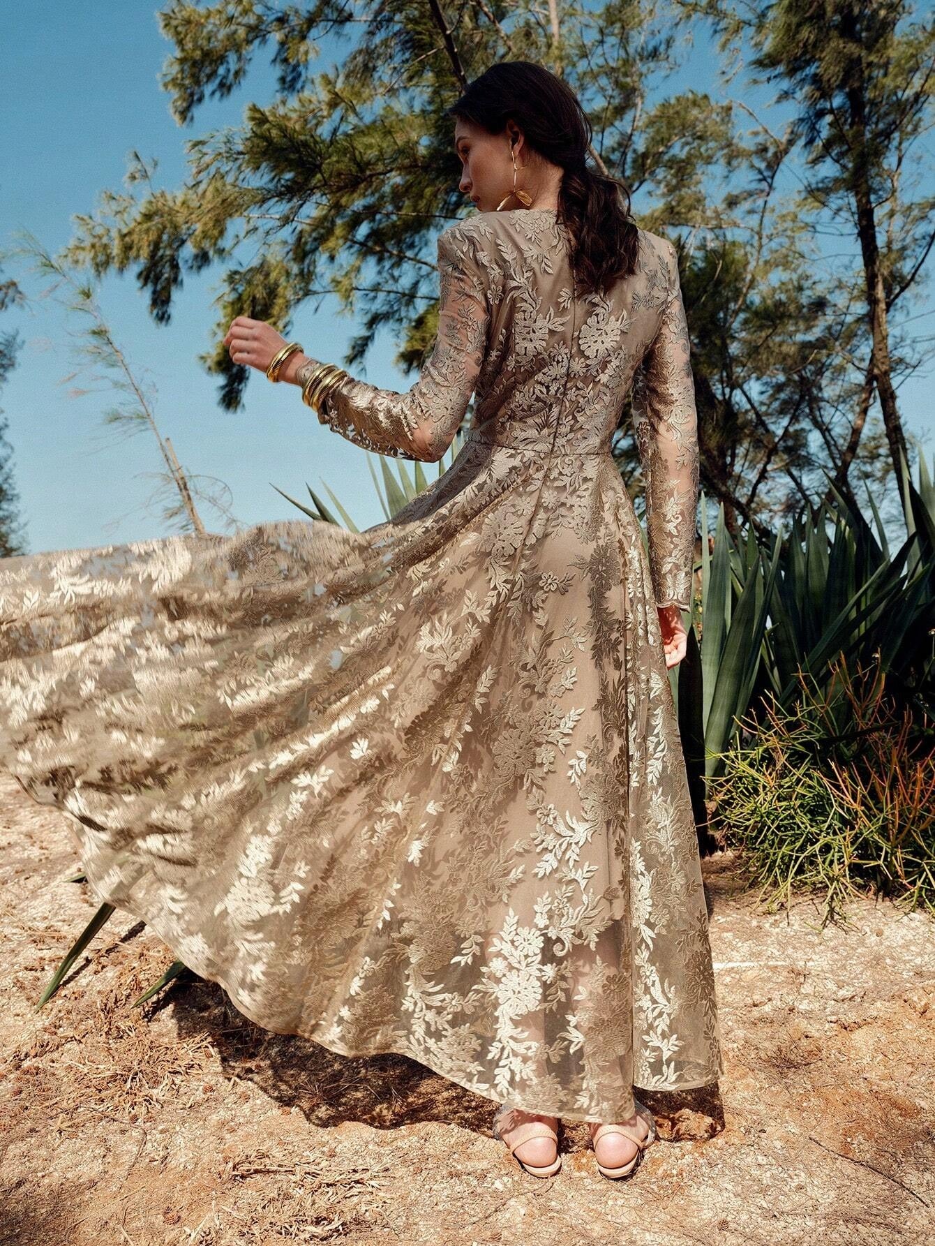 Luxe Gold Lace Long-Sleeve Dress