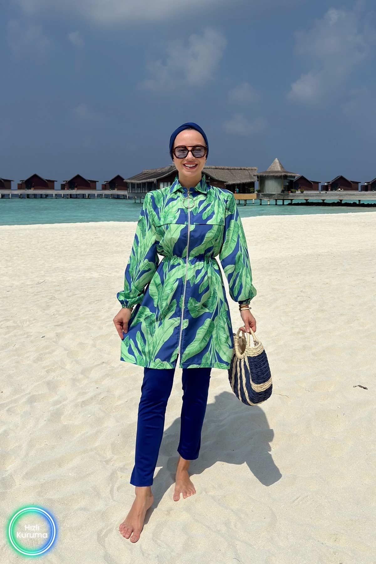 Palm Tropical Full Coverage Burkini - 2 Piece Quick-Dry Modest Swimsuit