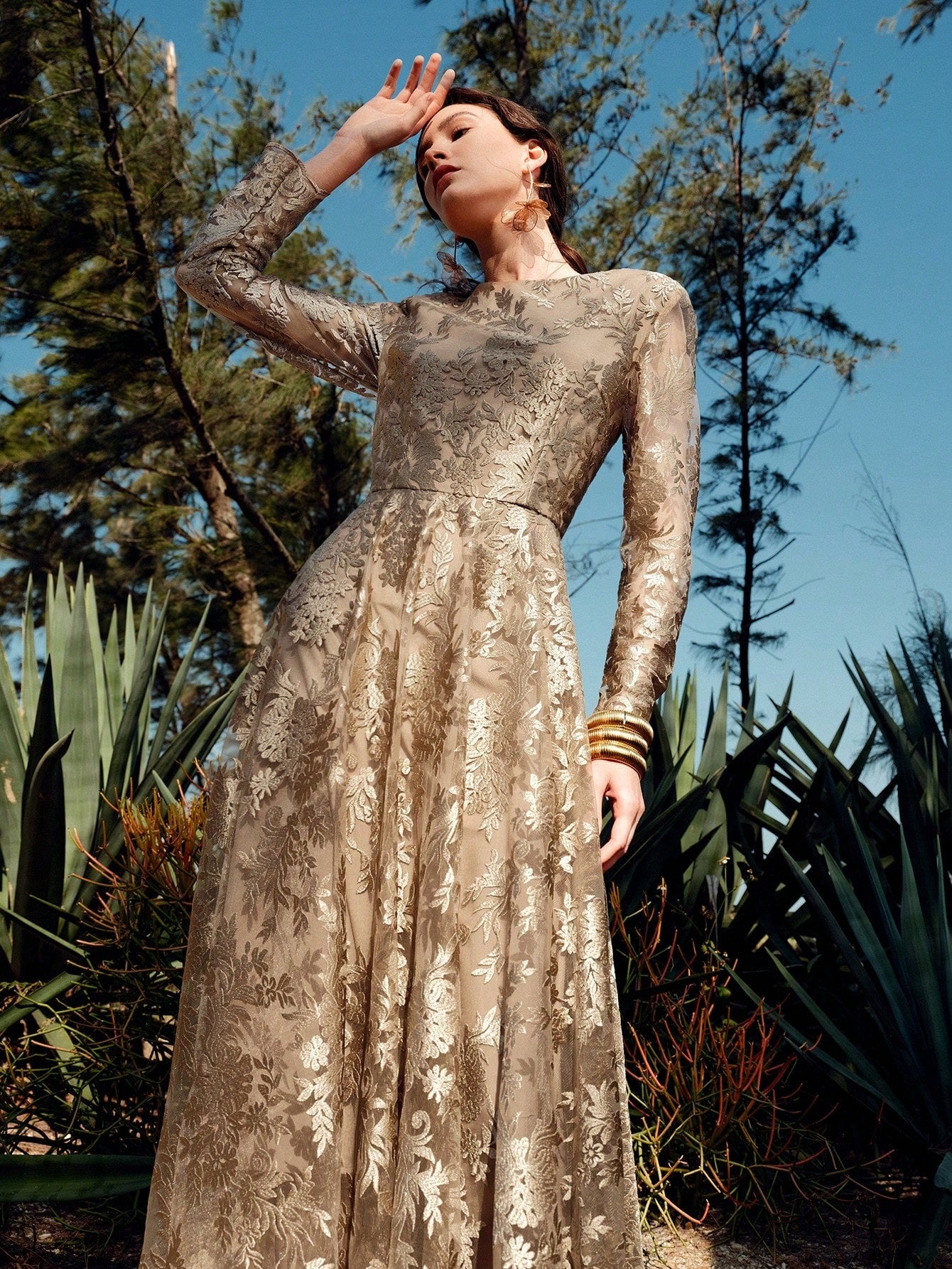 Luxe Gold Lace Long-Sleeve Dress