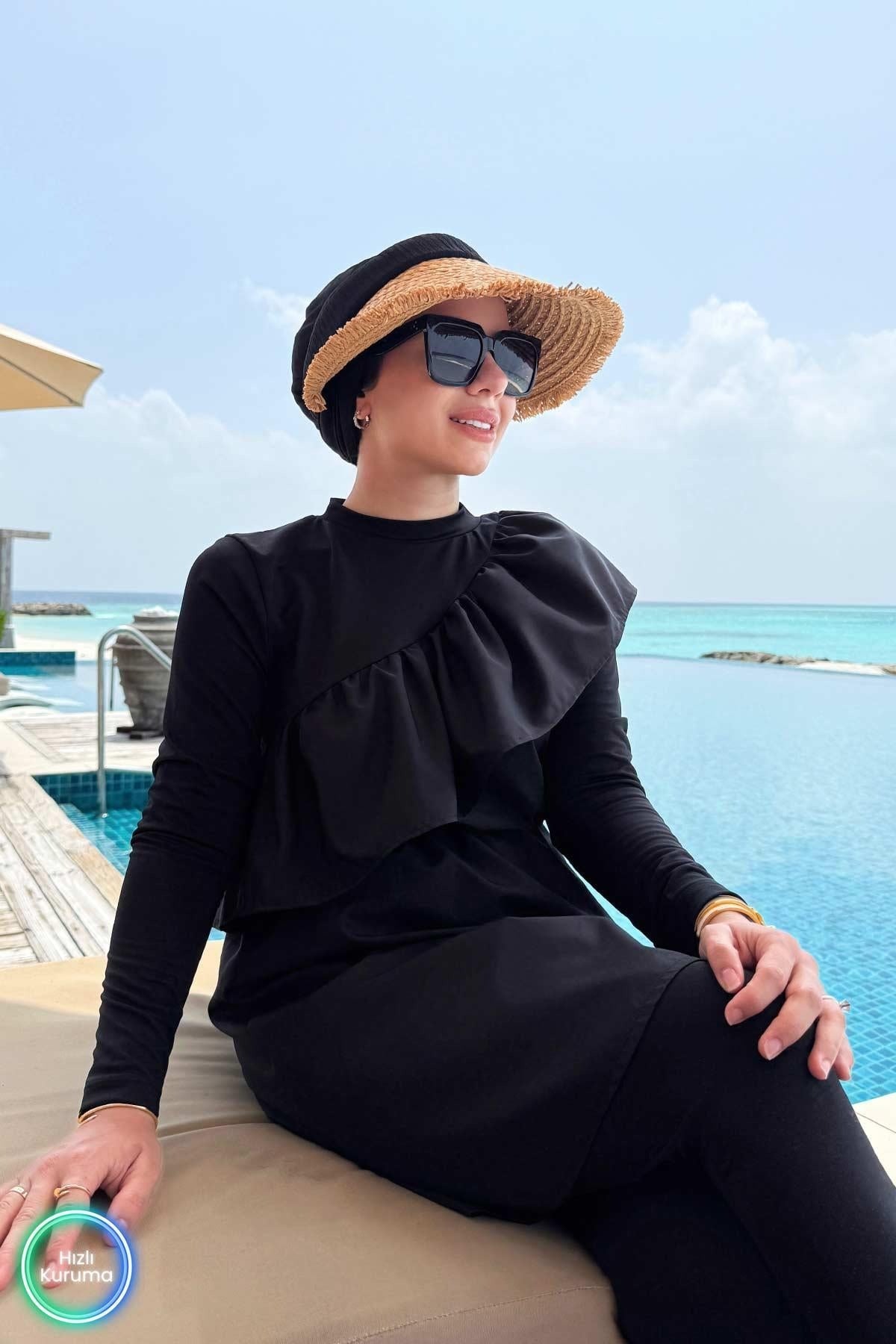 Ruffle Detail Full Coverage Burkini - 2 Piece Modest Swimsuit in Black