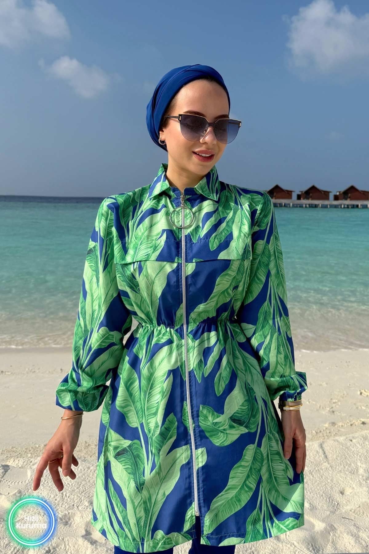 Palm Tropical Full Coverage Burkini - 2 Piece Quick-Dry Modest Swimsuit