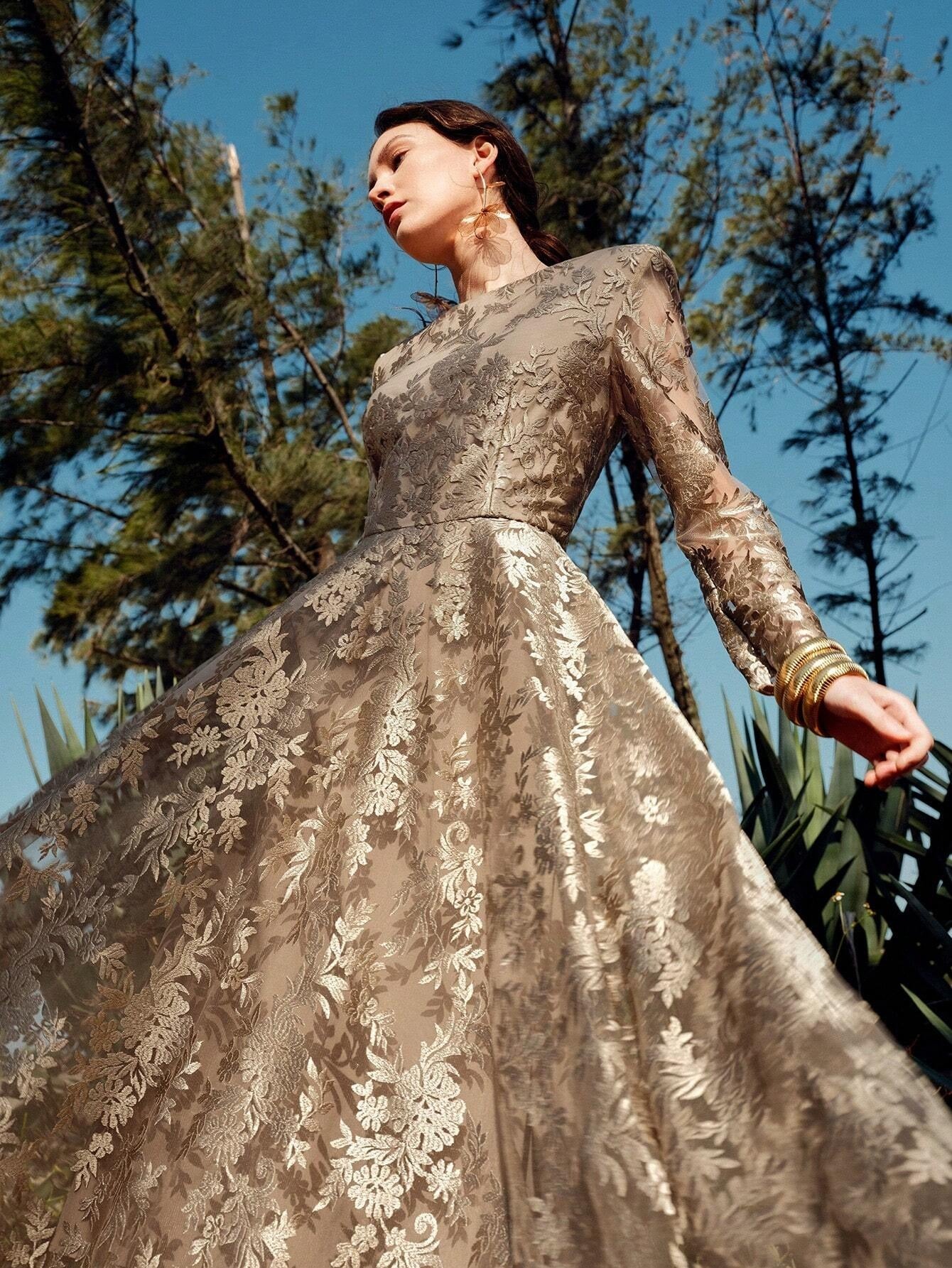 Luxe Gold Lace Long-Sleeve Dress