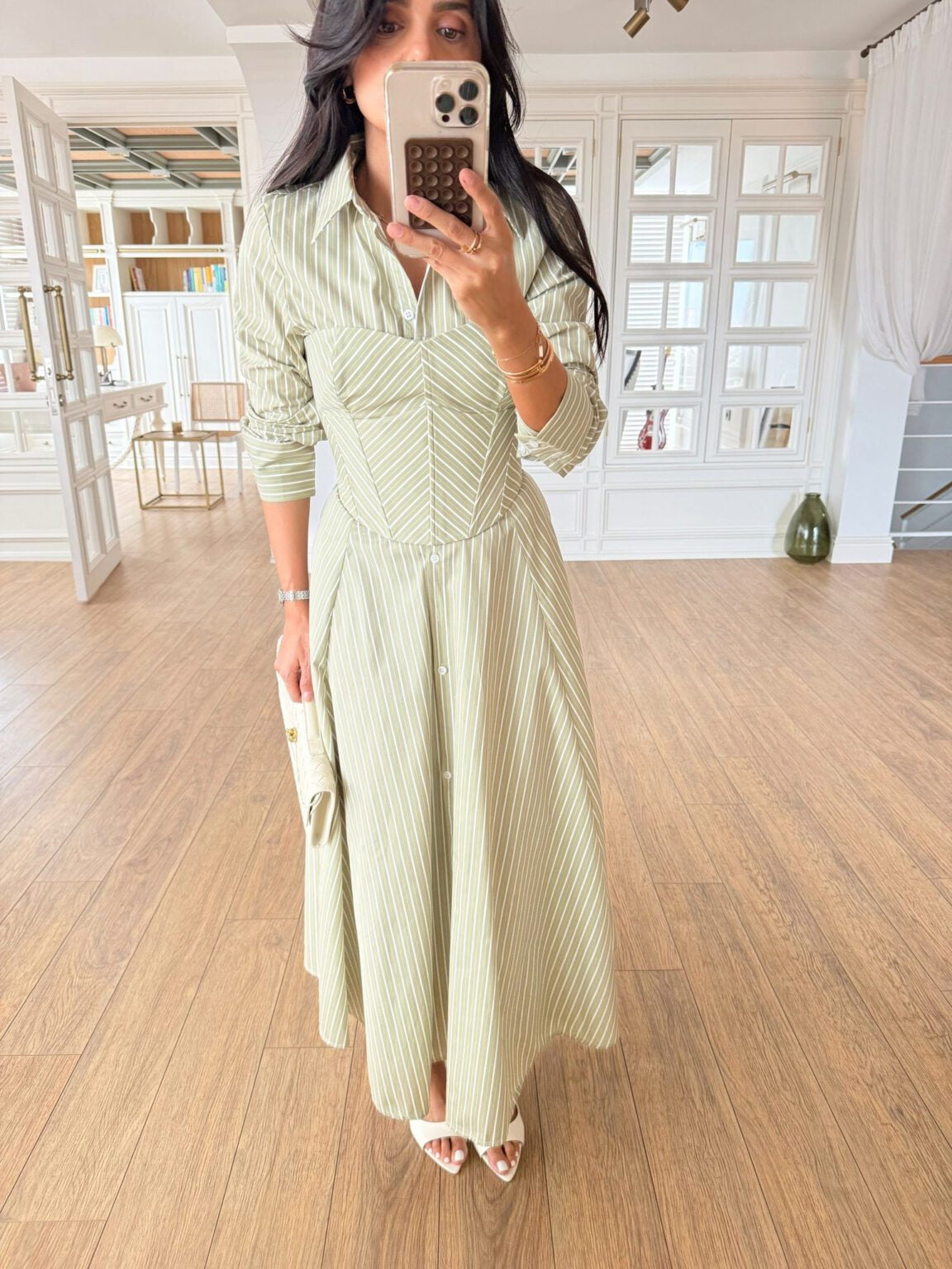 Green Striped Cotton Maxi Shirt Dress