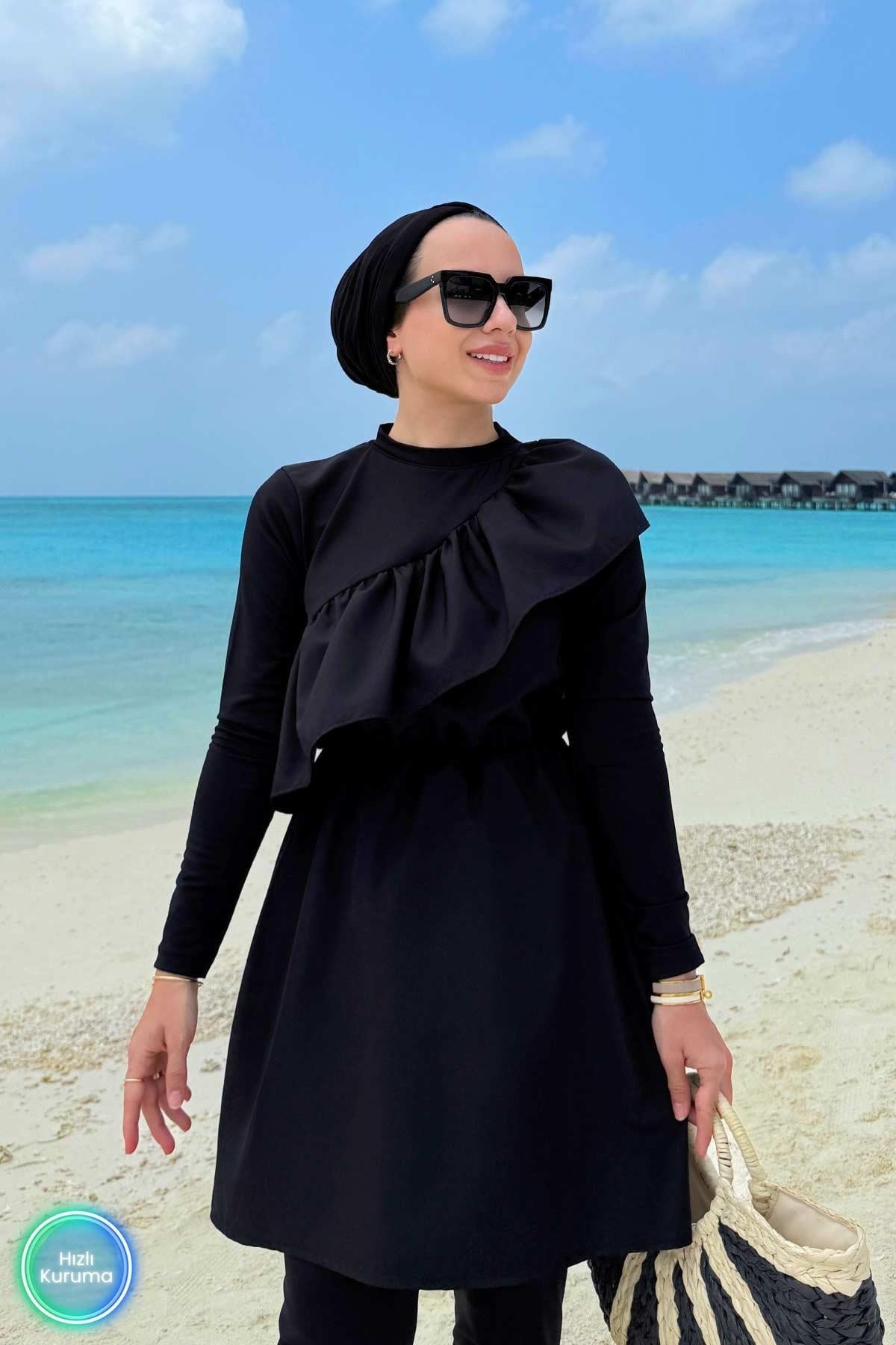 Ruffle Detail Full Coverage Burkini - 2 Piece Modest Swimsuit in Black