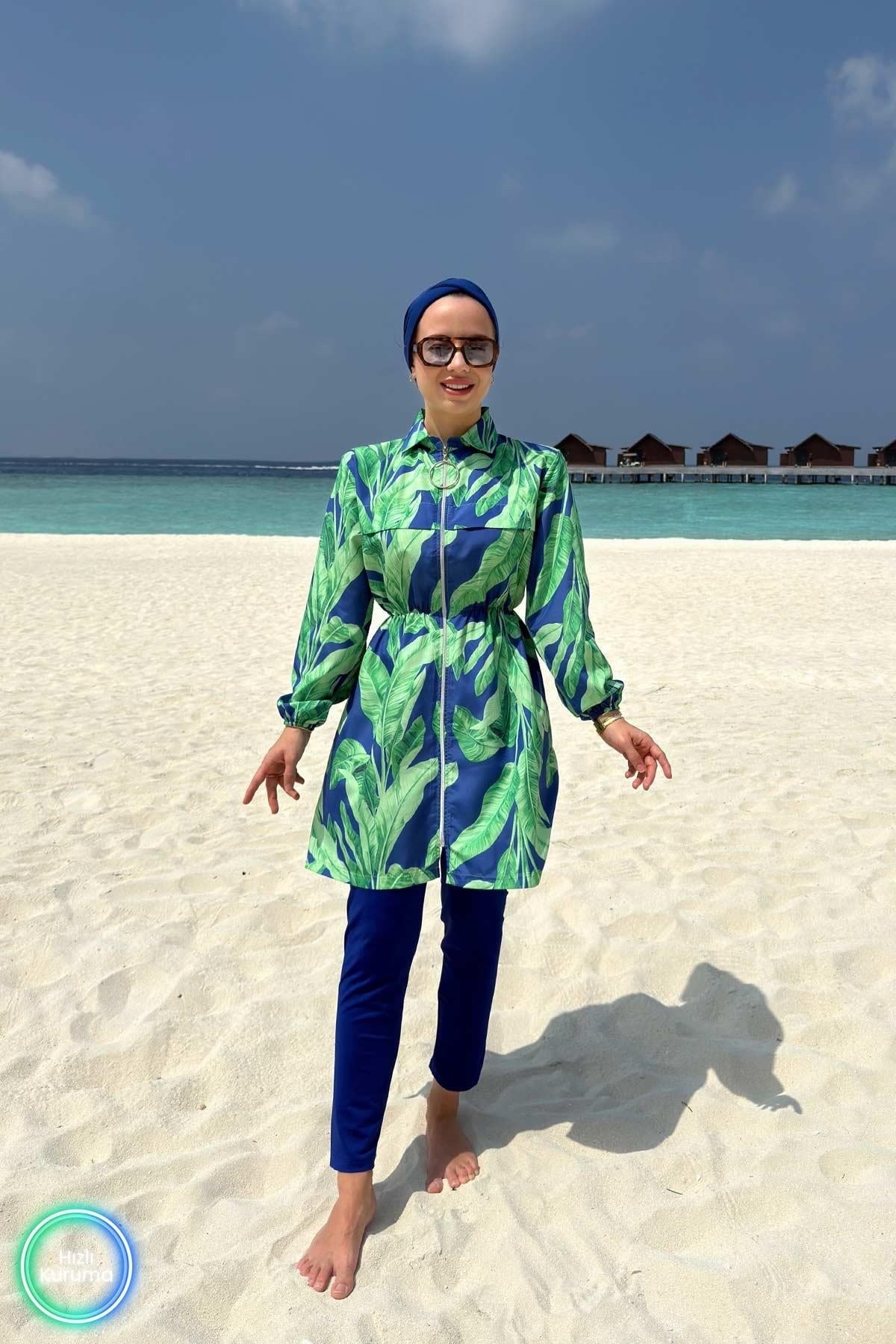 Palm Tropical Full Coverage Burkini - 2 Piece Quick-Dry Modest Swimsuit
