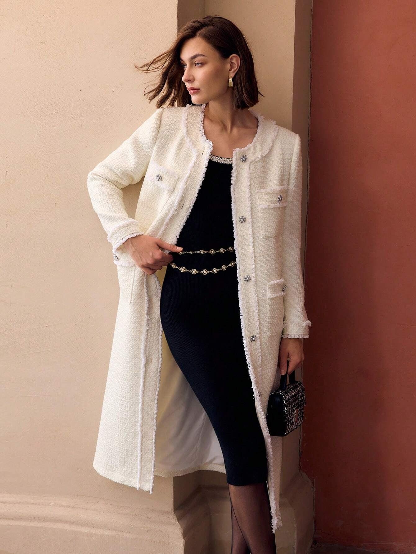 Tweed Solid Long Coat with Raw