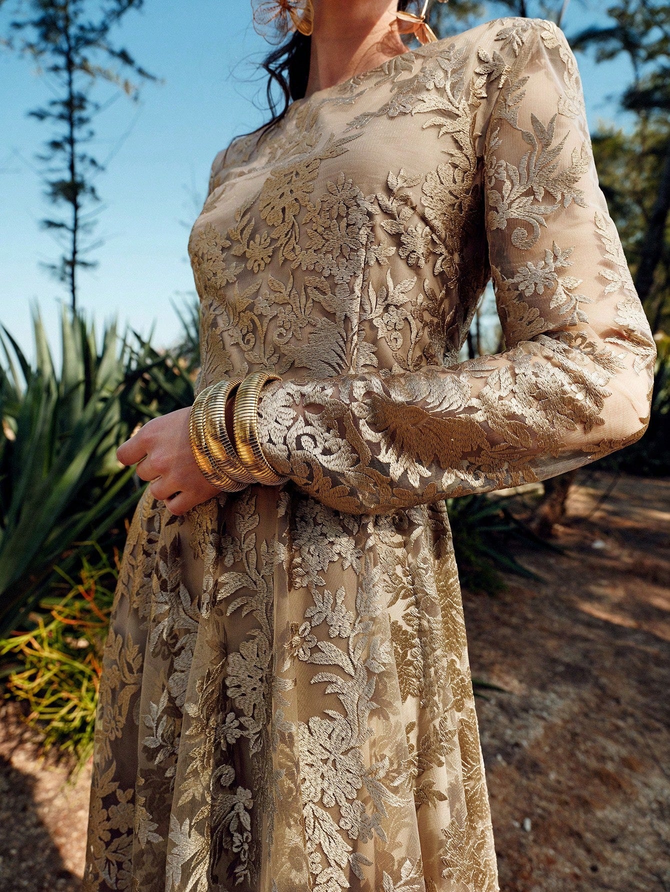 Luxe Gold Lace Long-Sleeve Dress