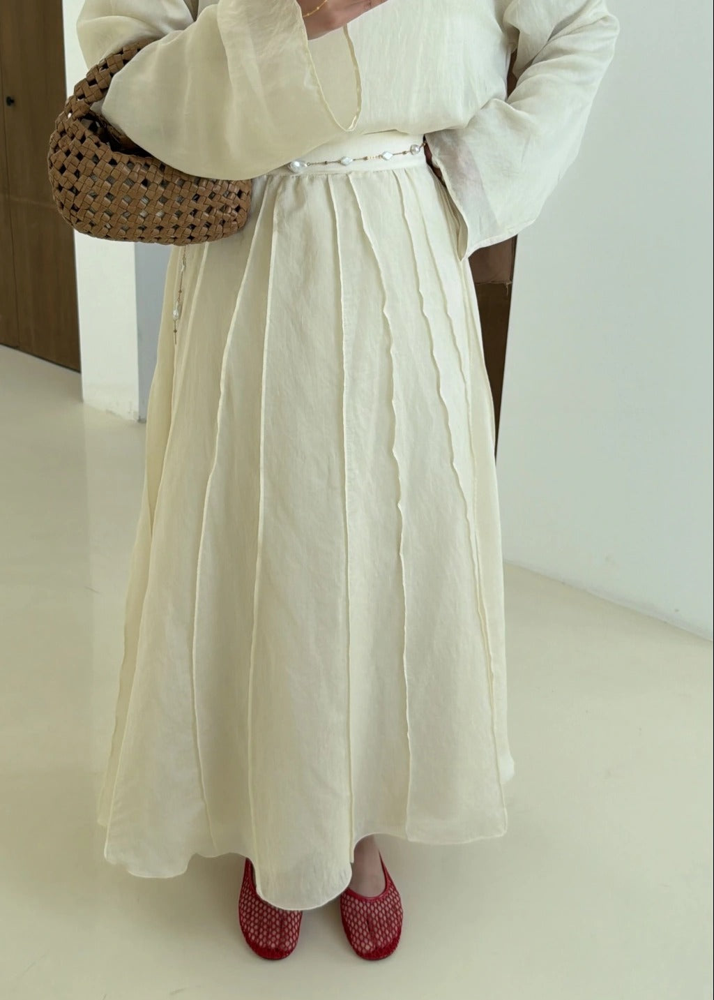 Reverse Stitch Skirt Set - Beige