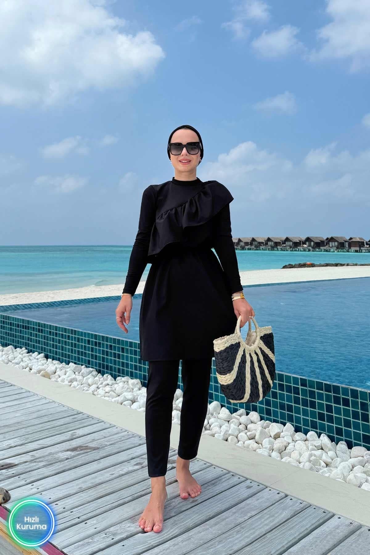 Ruffle Detail Full Coverage Burkini - 2 Piece Modest Swimsuit in Black