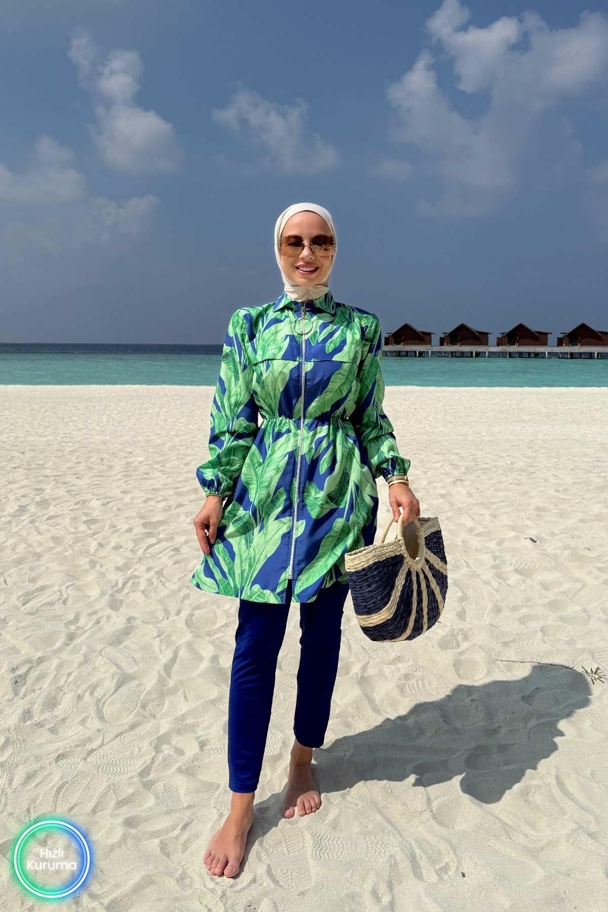 Palm Tropical Full Coverage Burkini - 2 Piece Quick-Dry Modest Swimsuit