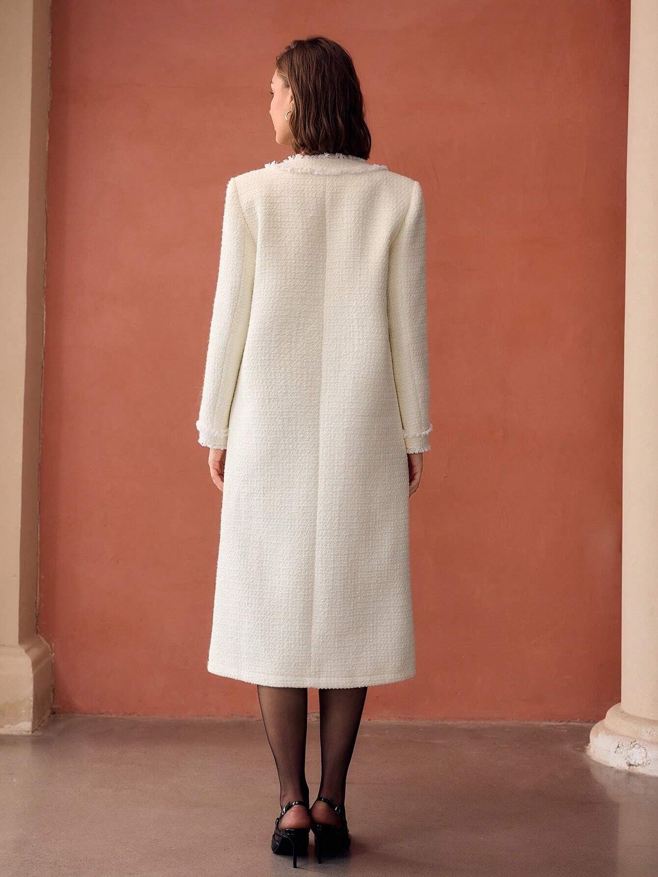 Tweed Solid Long Coat with Raw