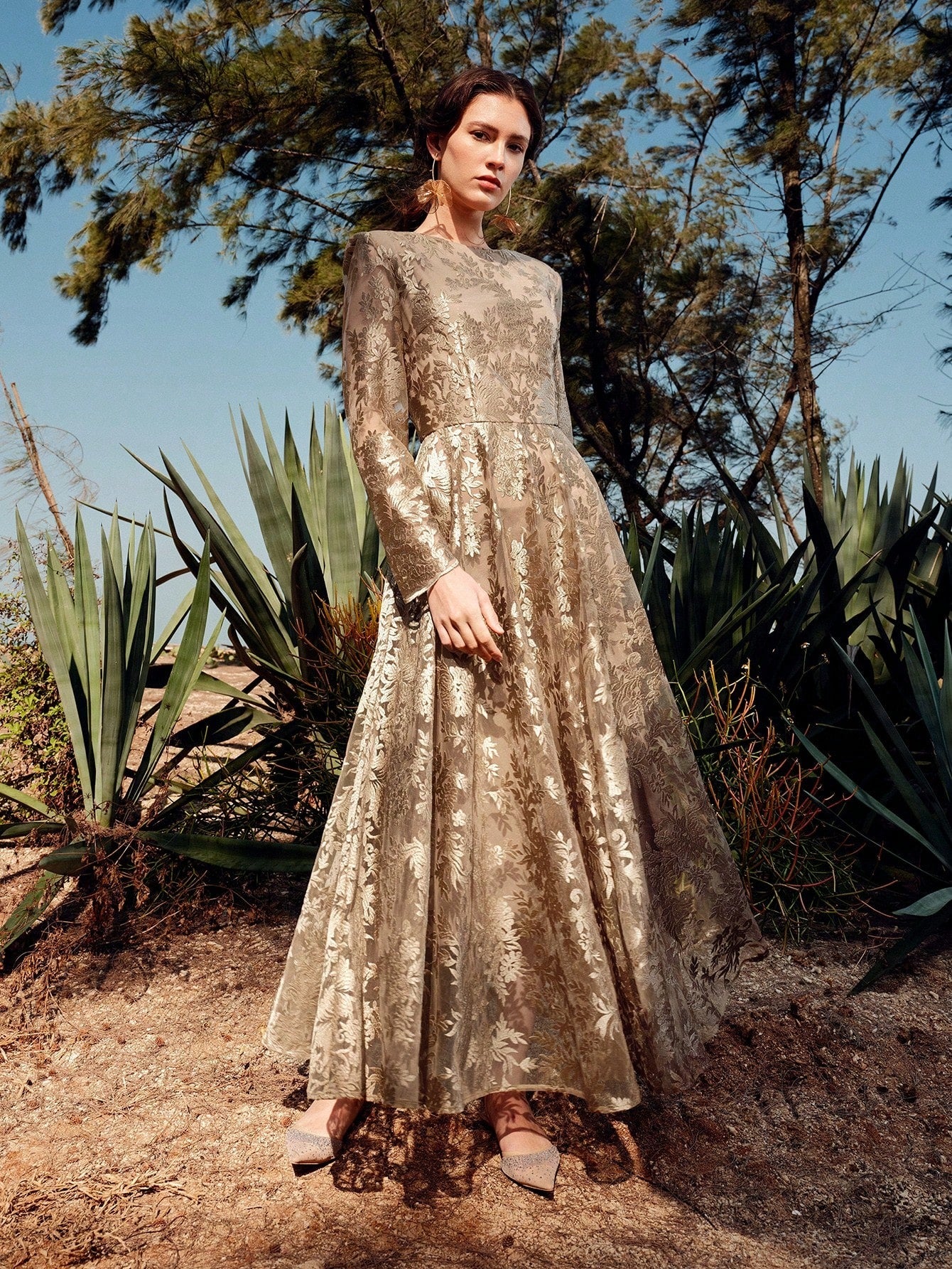 Luxe Gold Lace Long-Sleeve Dress