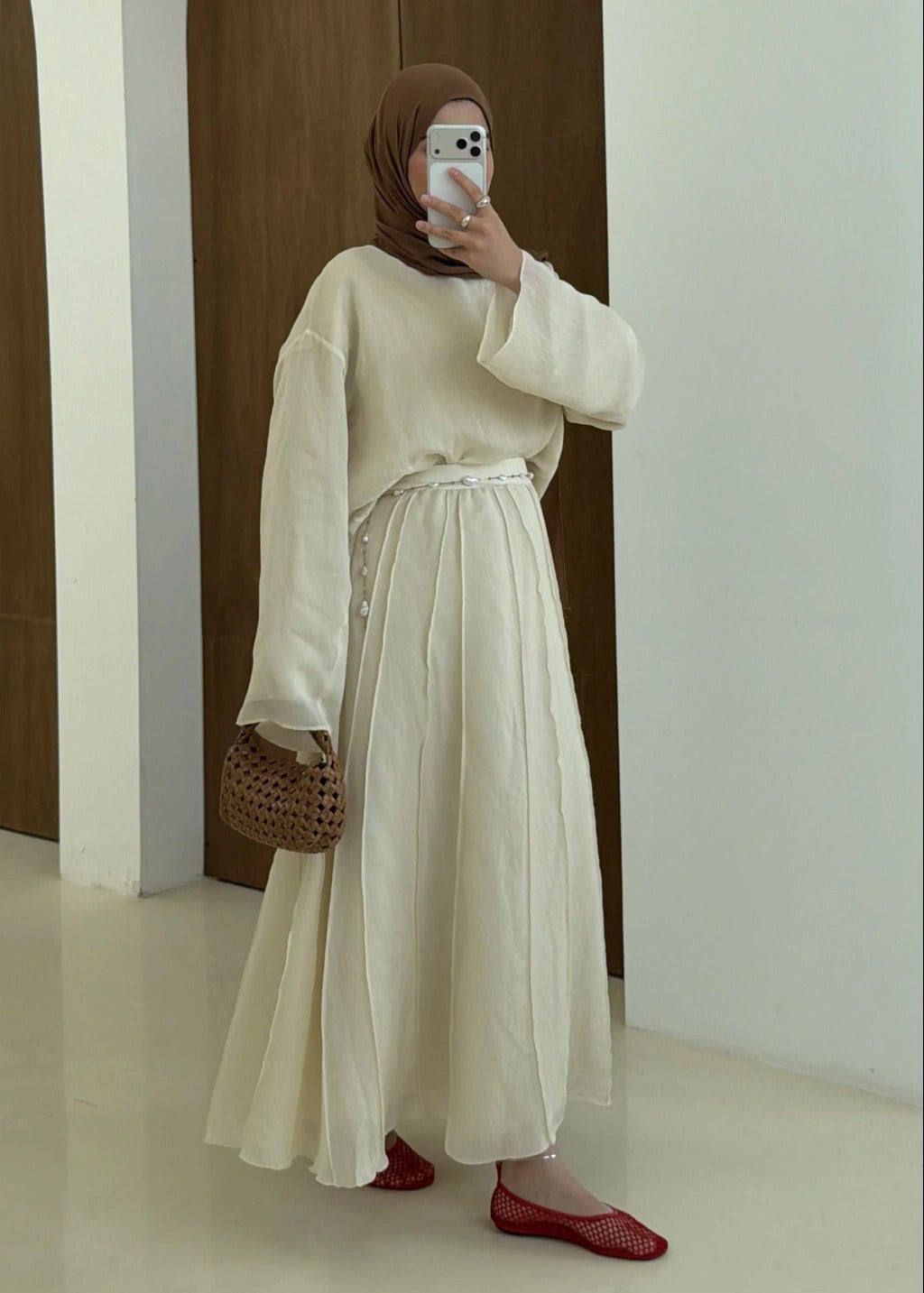 Reverse Stitch Skirt Set - Beige