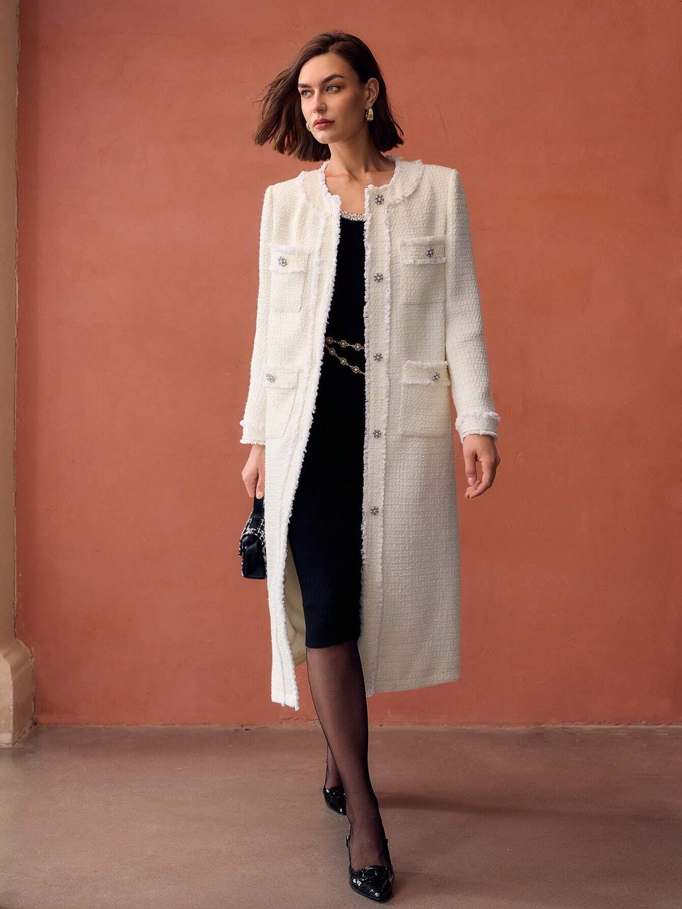 Tweed Solid Long Coat with Raw