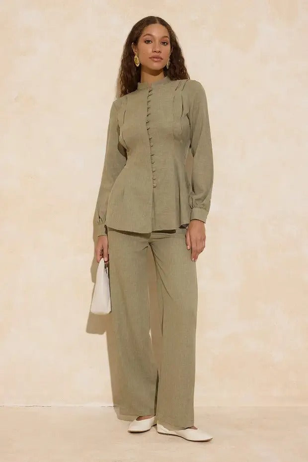 Sage Green Linen-Look Mandarin Blouse & Wide-Leg Trouser Co-ord Set