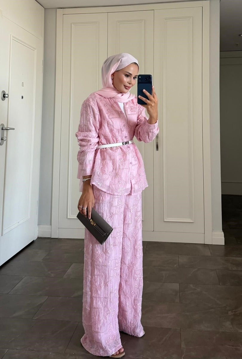 Lilly Modest Trousers Matching Set | Premium Tunic Co-Ord Suit - Pink
