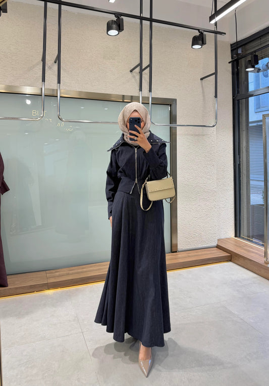 Elara Jacket Dress Set – Navy Blue