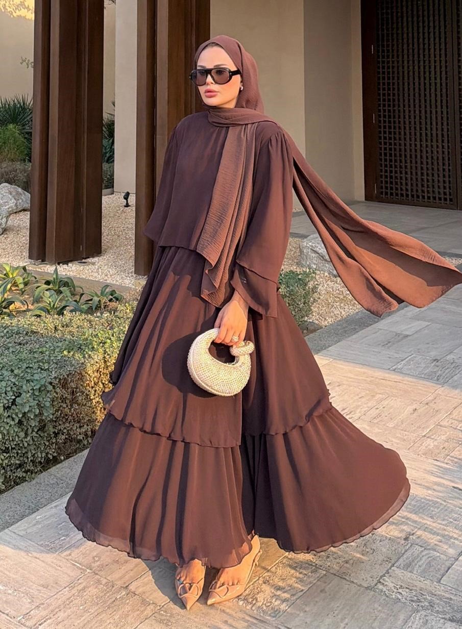 Layered Cape Chiffon Co-ord Set with Tiered Ruffle Skirt - Brown