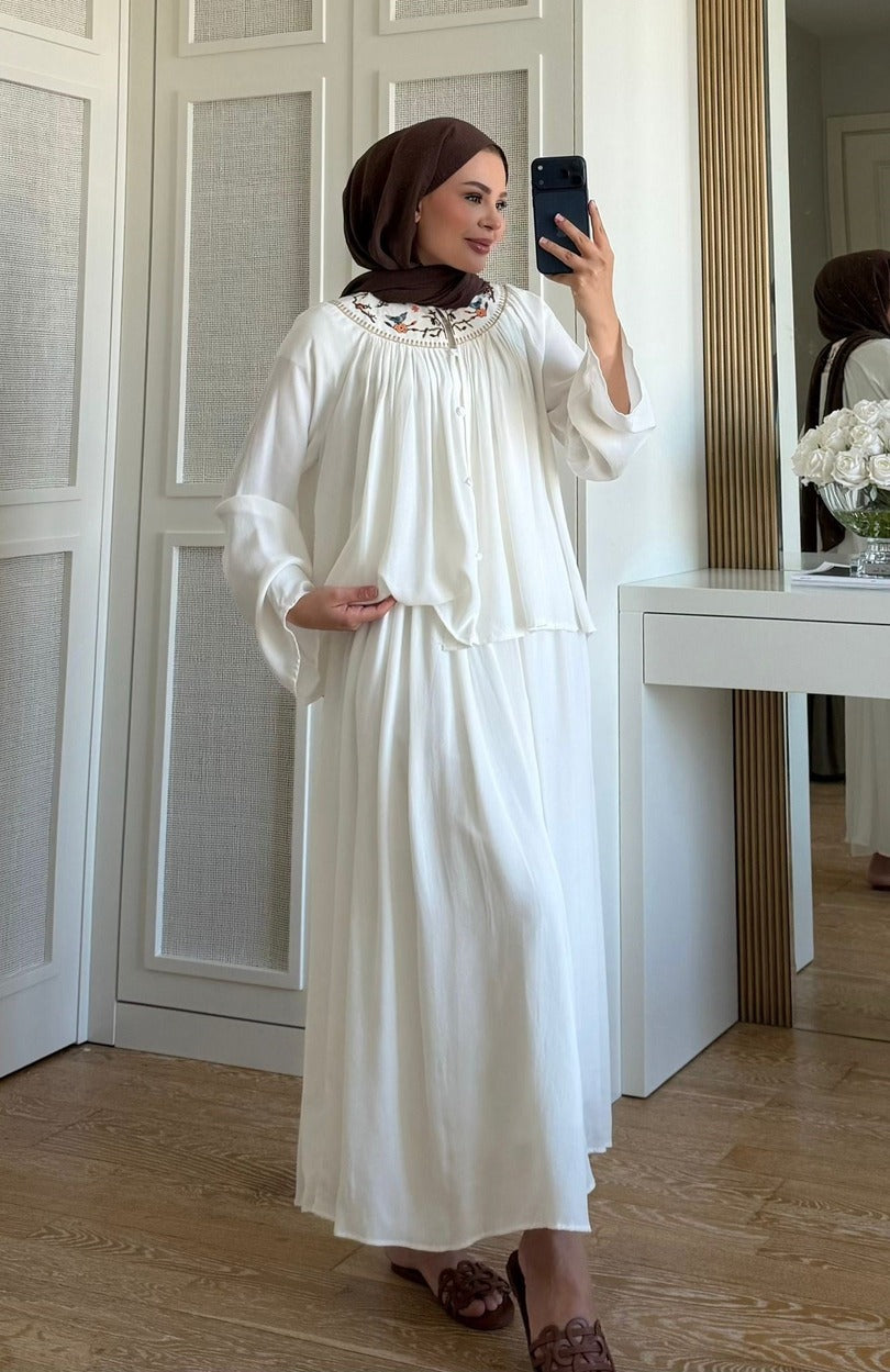 Ecru Intricate Embroidered Slub Linen Skirt & Blouse Co-ord Set