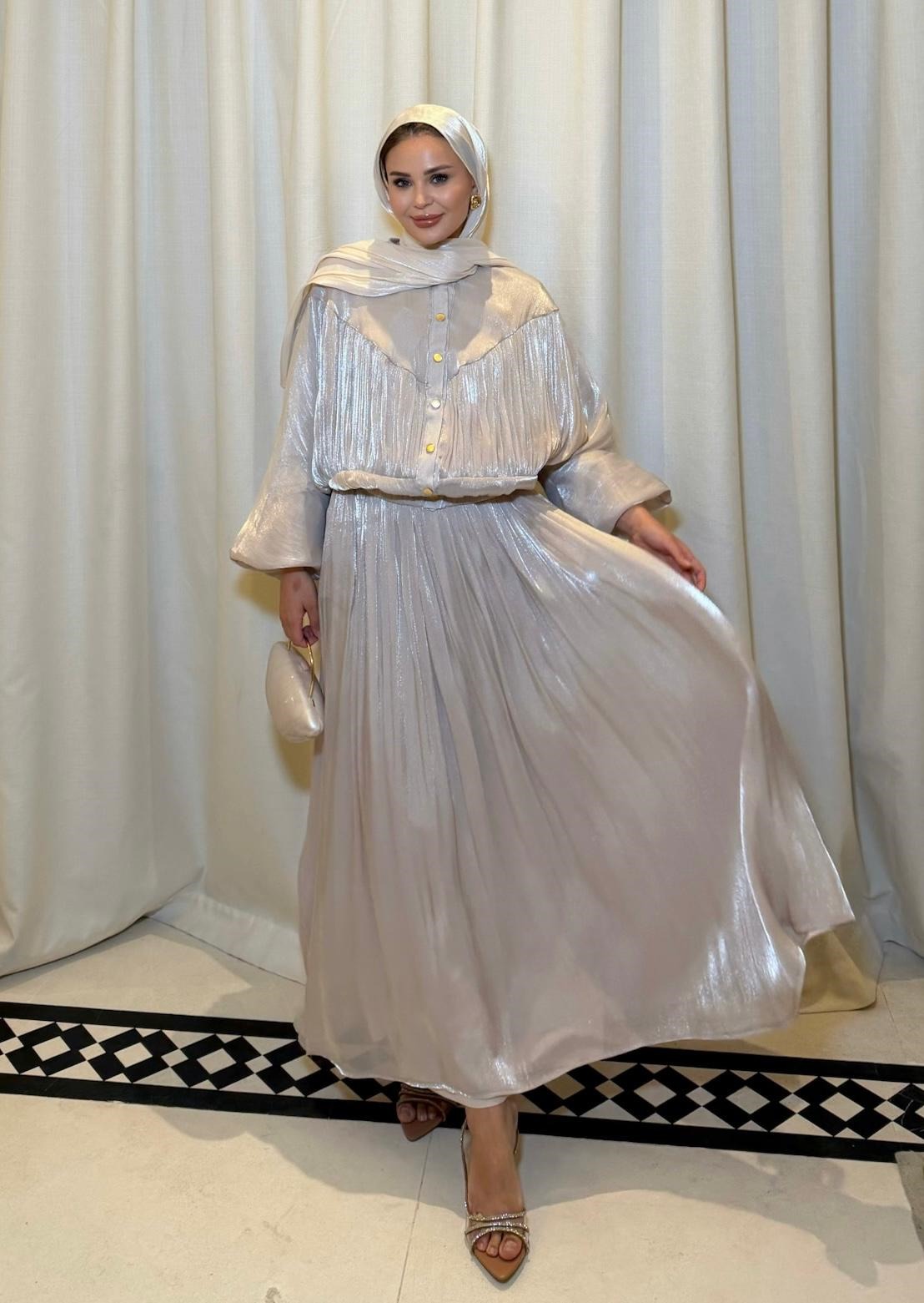 Shimmer Metallic Gathered Top & Flared Maxi Skirt Evening Co-ord Set - Beige