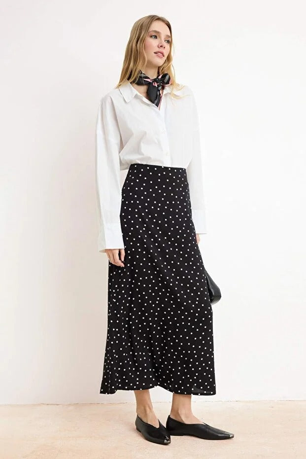 Black & White Polka Dot 100% Viscose Midi Skirt — Modest High-Waist A-Line