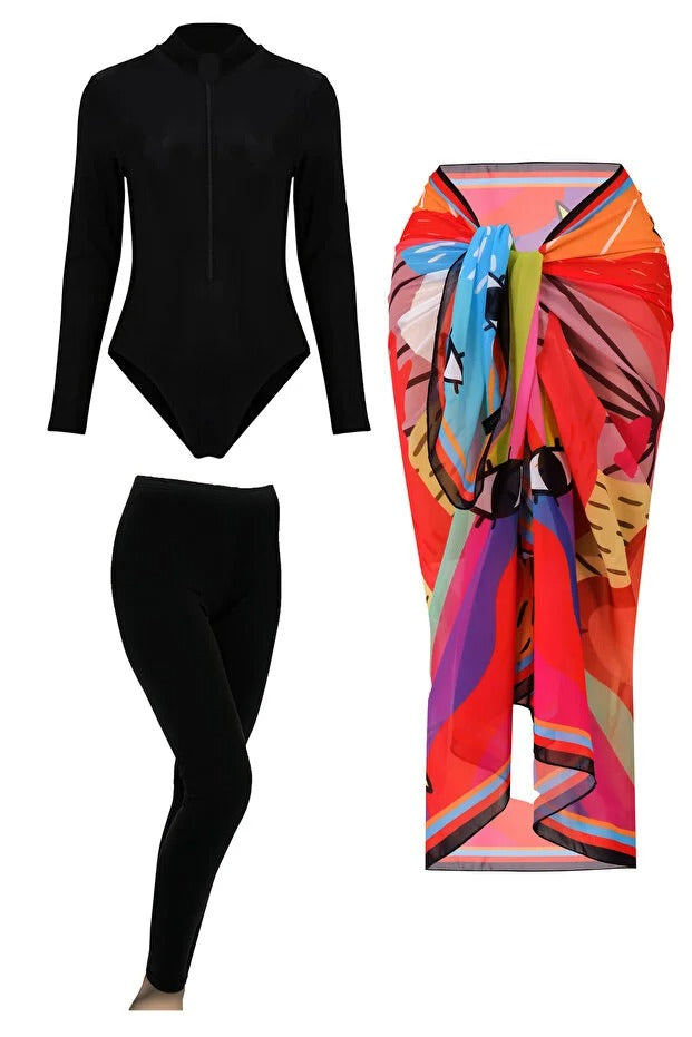 Lana 3-Piece Modest Swimsuit Set - Long Sleeve Burkini with Pareo -Tropic