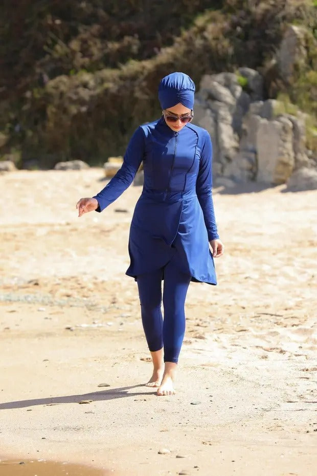Pareo Style Full Coverage Burkini - 3 Piece Modest Swimsuit -Blue