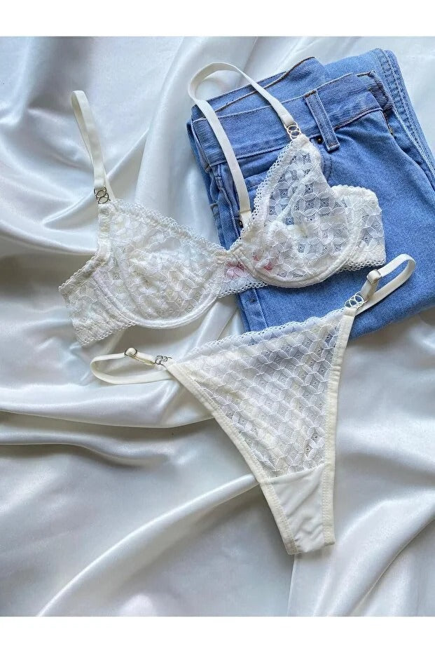 Nude Lace Bralette Set - Embroidered 2-Piece Lingerie with Thong