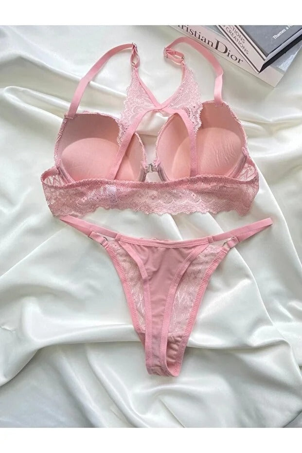 Front-Closure Lace Push-Up Lingerie Set – Romantic Rose Pink