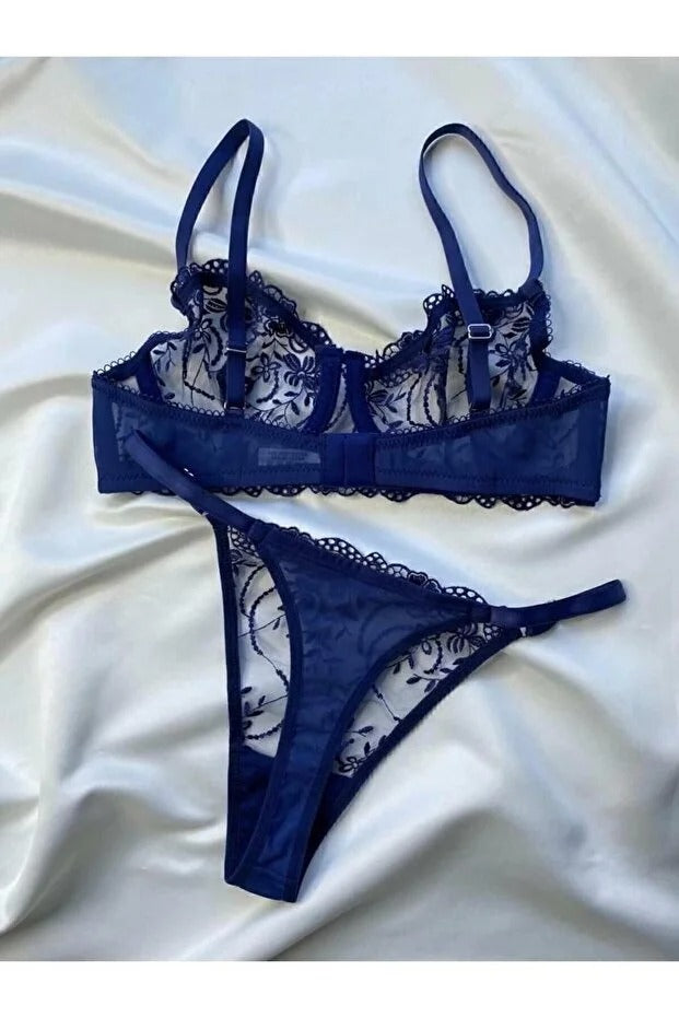 Navy Broderie Underwire Bra Set - Elegant 2-Piece Lace Lingerie with Thong