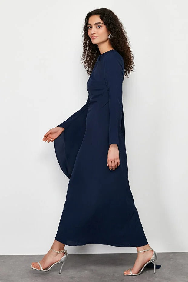 Navy Blue Shawl-Detail Evening Dress