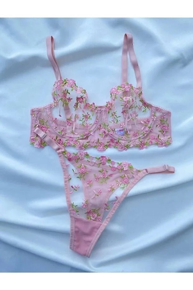 Lace Underwire Bra Set - Floral Balconette Bra & Thong