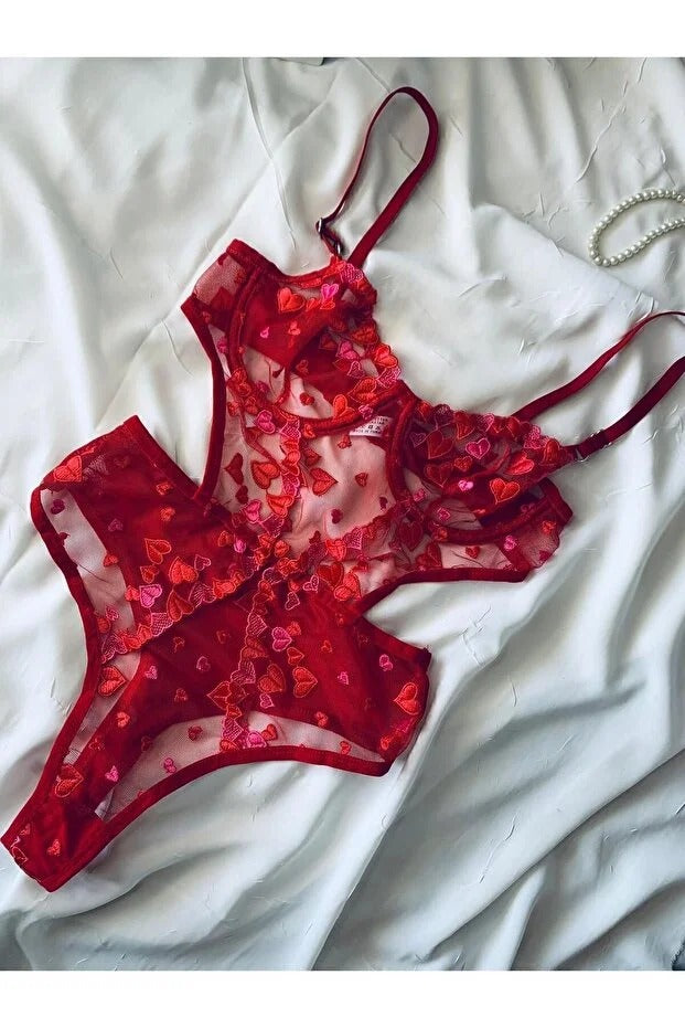 Valentine’s Amour – Heart Embroidered Underwired Mesh Bodysuit