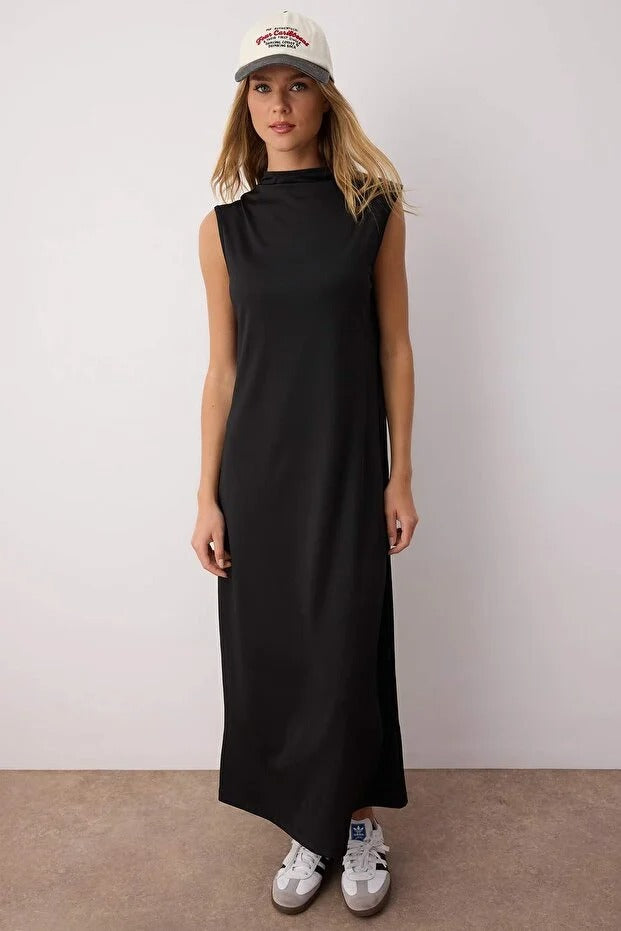 Black High-Neck Sleeveless Scuba Knit Maxi Inner Dress