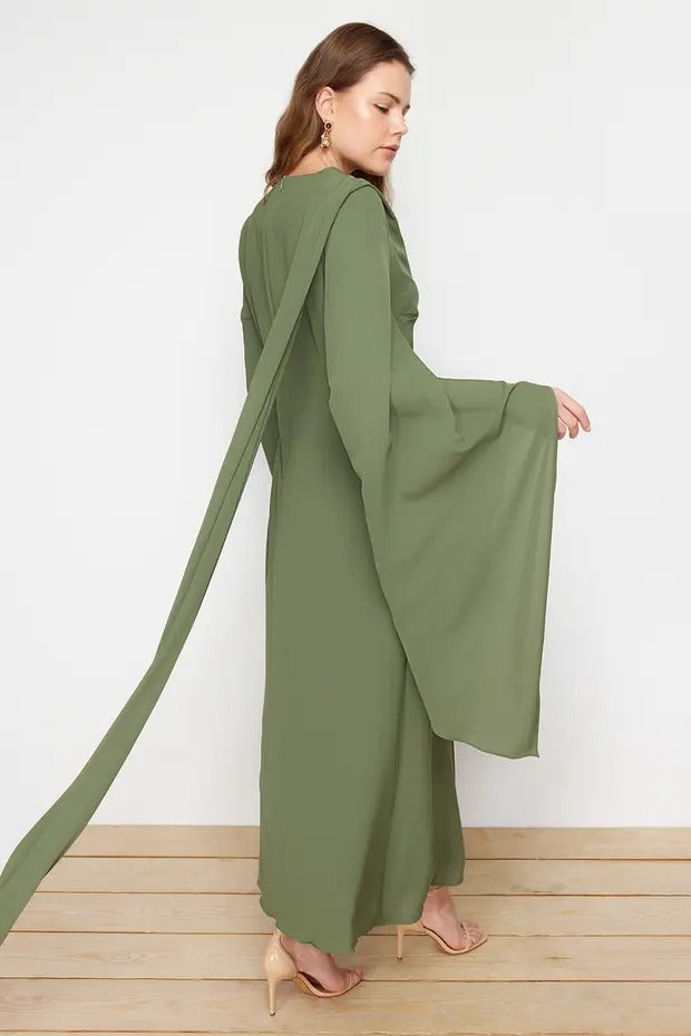 Khaki Pink Shawl-Detail Evening Dress